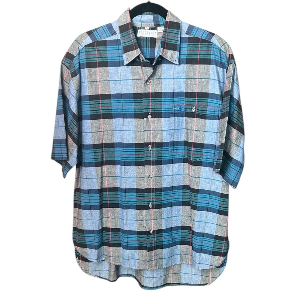 Blueprint Shirt - Blue and Gray Plaid Button-down - L